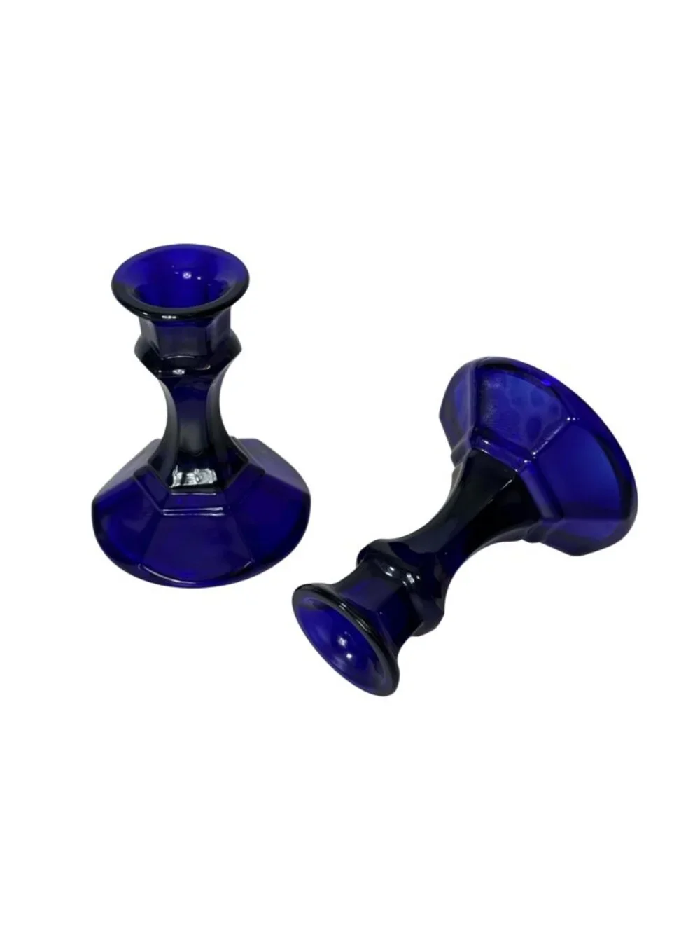 Vintage Blue Glass Candlestick Holders Set of 2 Romantic Cobalt Taper Candle MCM